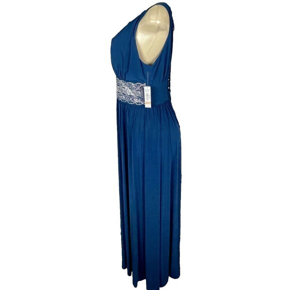 R&M Richards 12 Blue Peacock Beaded Waist Keyhole Halter Neck Open Tie Back Gown - Picture 5 of 6